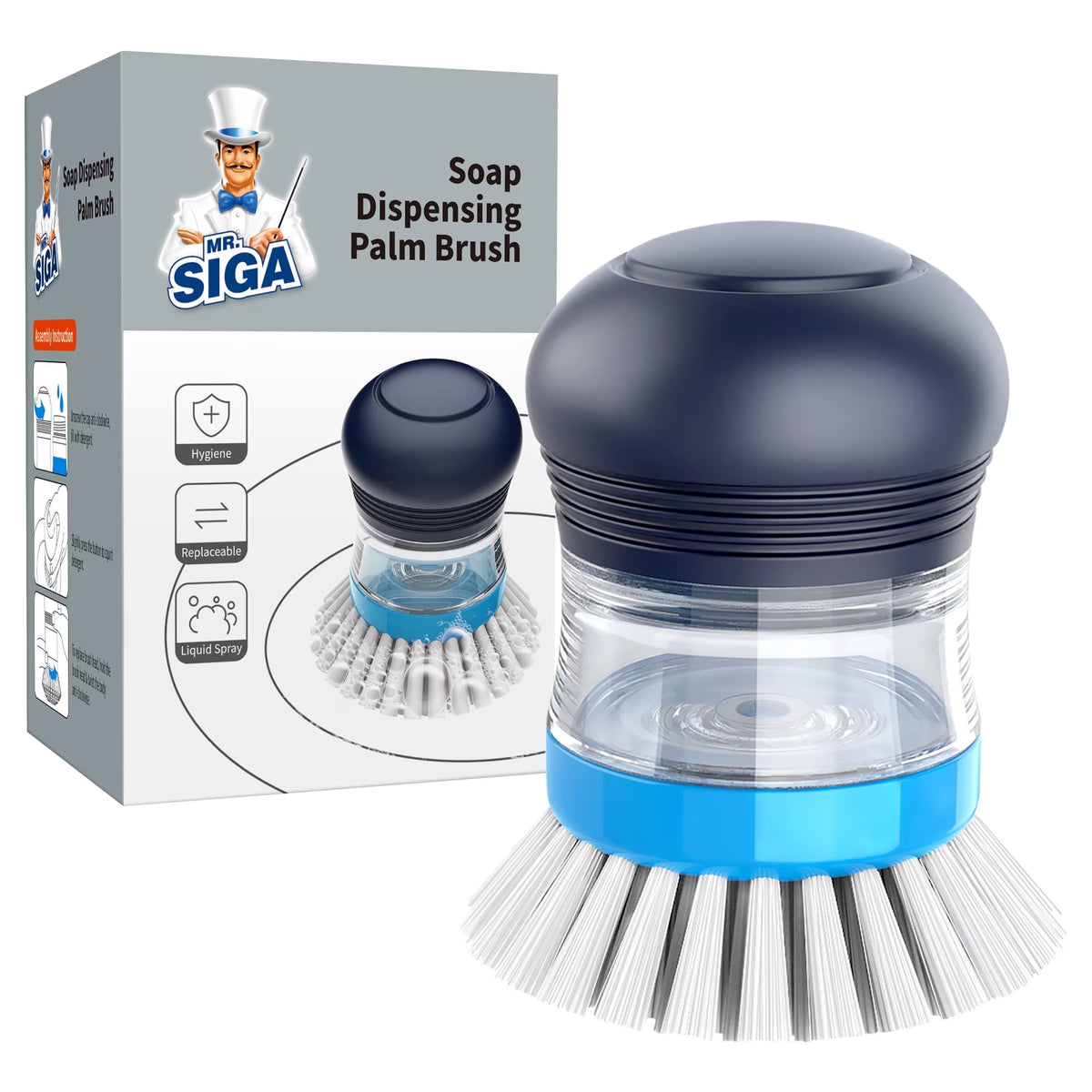 Soap Dispensing Palm Brush, Kitchen Brush for Dish Cleaning, 1 Pack, Navy,Nylon Brush